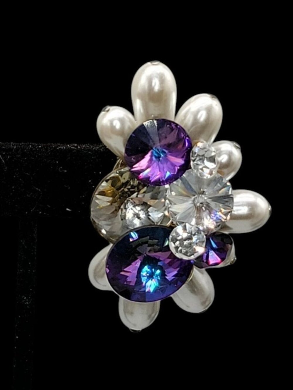 Vtg 1960s Cluster Clip On Earrings Purple Rivoli Rhinestone Faux Baroque Pearl - Picture 7 of 16
